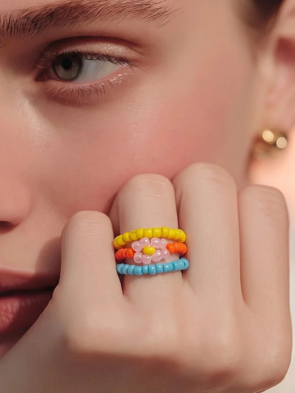 Colorful Floral Beaded Stretch Ring Stack 🌸 Set of 5 | Adjustable Rings Boho